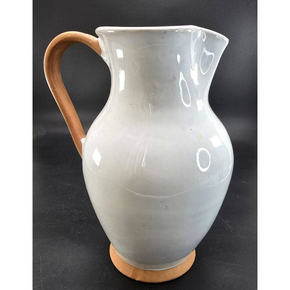 Vintage Italian Large White Ceramic Pitcher Vase With Natural Handle Base CM2115